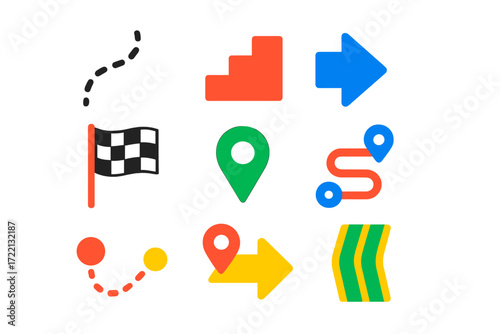 Colorful Route Icons. Flat vector icons of route and guidance symbols: dashed path line, steps icon, next waypoint arrow, finish