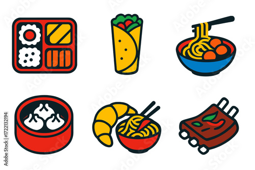 International Cuisine Icons. Flat vector icons of international cuisines: Japanese bento box, Mexican burrito, Italian spaghetti
