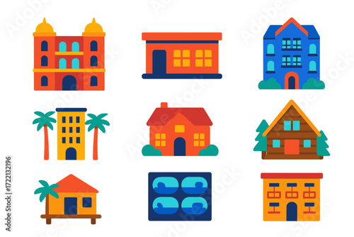 Vibrant Hotel Icons. Flat vector icons of hotel buildings and types: luxury hotel facade, budget motel icon, boutique hotel