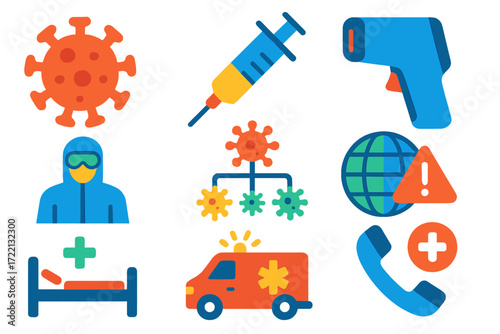 Pandemic Health Icons. Flat vector icons of pandemic health: virus icon, vaccination needle, contactless thermometer, PPE kit,