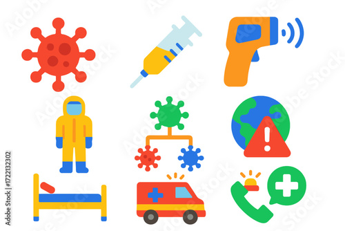 Pandemic Health Icons. Flat vector icons of pandemic health: virus icon, vaccination needle, contactless thermometer, PPE kit,