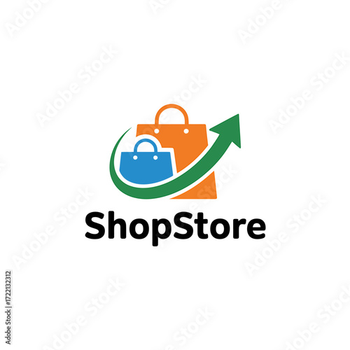 ShopStore Logo Design with Shopping Bags and Growth Arrow for Online Retail Success and Ecommerce Business Development