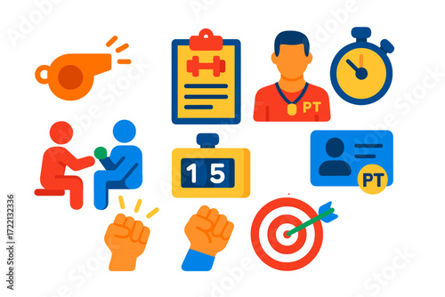 Personal Trainer Icons. Flat vector icons of personal trainers: whistle icon, clipboard with plan, fitness coach avatar, stopwatch