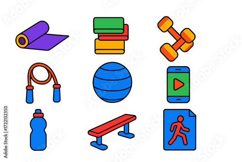 Home Fitness Icons. Flat vector icons of home fitness: yoga mat, resistance bands, dumbbells, jump rope, balance ball, workout app