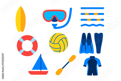 Vibrant Water Sports Icons. Flat vector icons of water sports: surfboard, diving mask, swim lanes, water polo ball, lifebuoy,