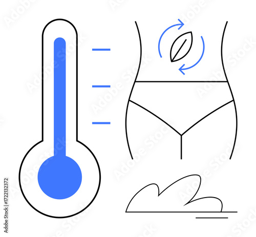 Thermometer indicating temperature levels, stylized abdomen with digestion arrows, and abstract leaf motif. Ideal for health, digestion, metabolism, wellness, temperature control, medical