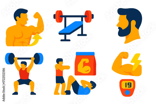 Men's Fitness Icons. Flat vector icons of men’s fitness: muscle gain icon, weight bench, beard profile, crossfit pose, protein