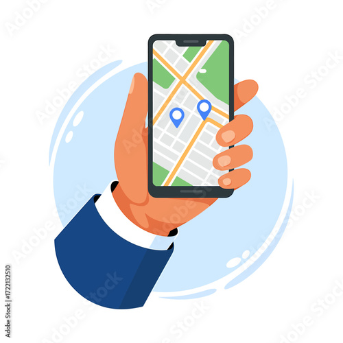 Hand Holding Smartphone with GPS Map App Featuring Location Pins for Navigation and Guidance Illustration