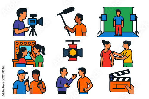 Film Set Icons. Flat vector icons of behind-the-scenes video: camera operator, boom mic, green screen setup, makeup room, lighting
