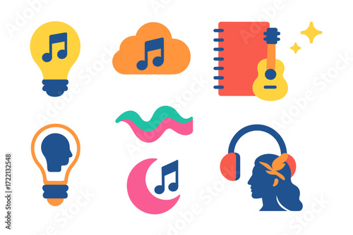 Musical Inspiration Icons. Flat vector icons of music inspiration: lightbulb with note, melody cloud, notebook and guitar, song