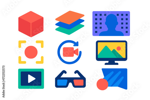 3D Effects Icons. Flat vector icons of 3D video effects: 3D cube symbol, parallax layer, depth map, motion tracking point, camera
