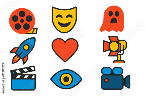 Flat Movie Genre Icons. Flat vector icons of movie genres: action film reel, comedy mask, horror ghost, sci-fi spaceship, romance