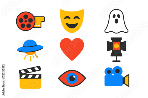 Flat Movie Genre Icons. Flat vector icons of movie genres: action film reel, comedy mask, horror ghost, sci-fi spaceship, romance