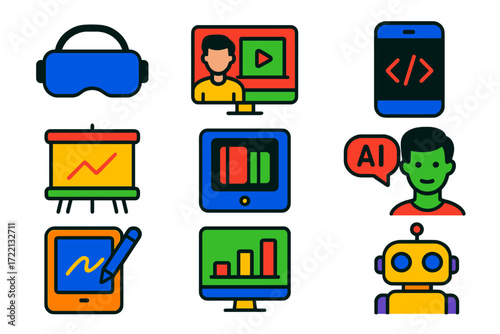 Education Tech Icons. Flat vector icons of education technology: virtual reality headset, online classroom, coding app,