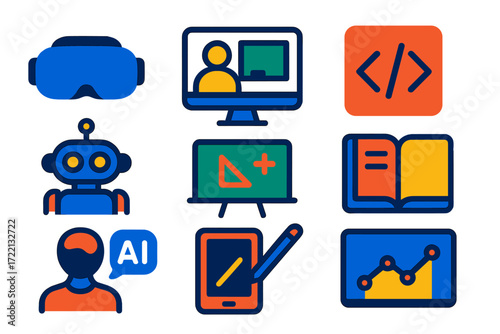 Education Tech Icons. Flat vector icons of education technology: virtual reality headset, online classroom, coding app,