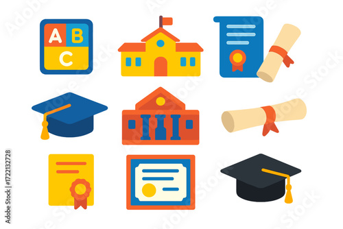Colorful Education Icons. Flat vector icons of education levels: kindergarten block, elementary school building, high school