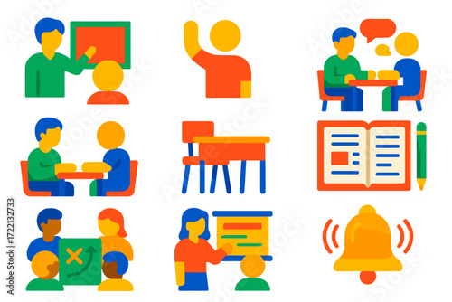 Educational Icon Set. Flat vector icons of teacher and student: teacher at board, student raising hand, classroom discussion,