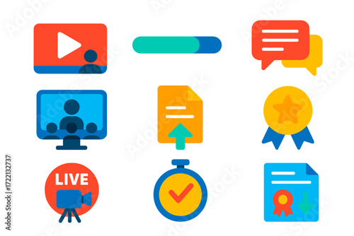 Online Education Icons. Flat vector icons of online education platforms: video lecture, course progress bar, discussion forum,