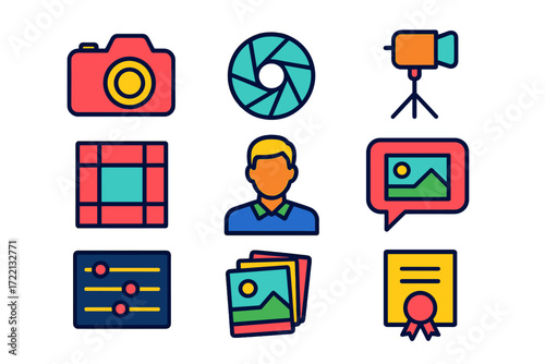 Photography Course Icons. Flat vector icons of photography courses: DSLR camera outline, aperture diagram, lighting setup icon,