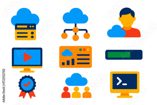Cloud Computing Icons. Flat vector icons of cloud computing courses: cloud server, network nodes, instructor avatar, video play
