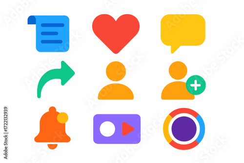 Vibrant Social Media Icons. Flat vector icons of social media apps: feed scroll, like heart, comment bubble, share arrow, profile