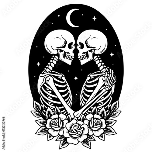Two kissing skeletons with roses under a crescent moon, gothic, romance, Halloween, love, dark