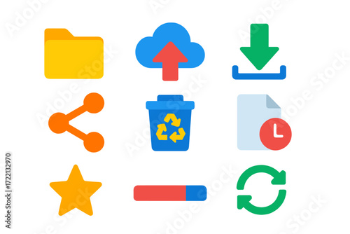 Colorful File Storage Icons. Flat vector icons of file storage apps: folder icon, upload cloud, download arrow, share link,