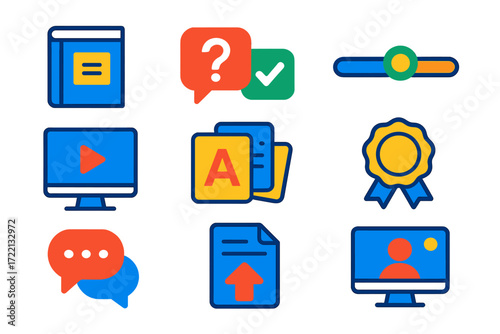 Education App Icons. Flat vector icons of education apps: e-book, quiz question, progress bar, video lesson, flashcards,