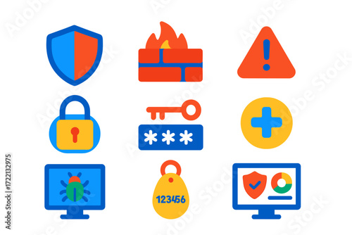 Modern Security Icons. Flat vector icons of security software: antivirus shield, firewall wall, intrusion detection alert,
