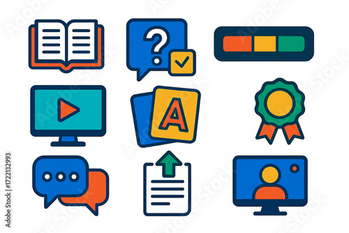 Education App Icons. Flat vector icons of education apps: e-book, quiz question, progress bar, video lesson, flashcards,
