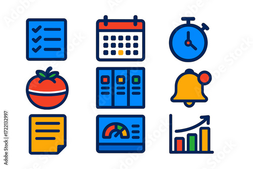 Bright Productivity Icons. Flat vector icons of productivity software: task list, calendar view, time tracker, Pomodoro timer,