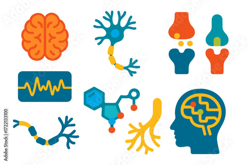 Neuroscience Icon Set. Flat vector icons of neuroscience: [brain, neuron, synapse], [EEG wave, neurotransmitter, receptor], [axon,
