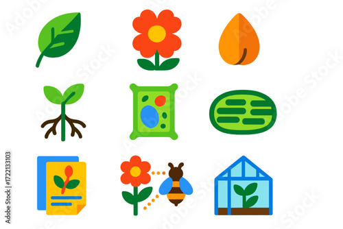 Botany Icon Set. Flat vector icons of botany: [leaf, flower, seed], [root system, plant cell, chloroplast], [herbarium sheet,