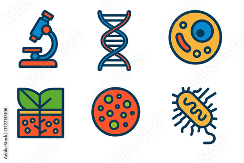 Modern Biology Icons. Flat vector icons of biology: [microscope, DNA helix, cell diagram], [leaf cross-section, petri dish,