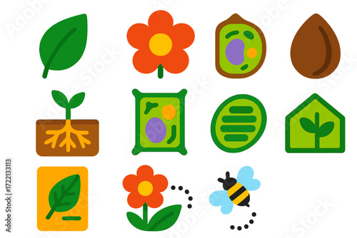 Botany Icon Set. Flat vector icons of botany: [leaf, flower, seed], [root system, plant cell, chloroplast], [herbarium sheet,