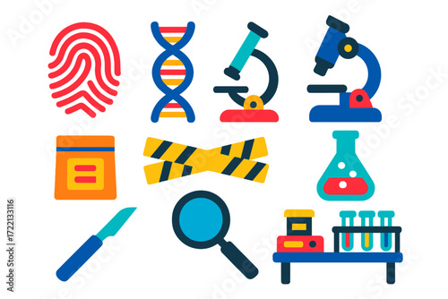 Forensic Science Icons. Flat vector icons of forensic science: [fingerprint, DNA strand, microscope], [evidence bag, crime scene