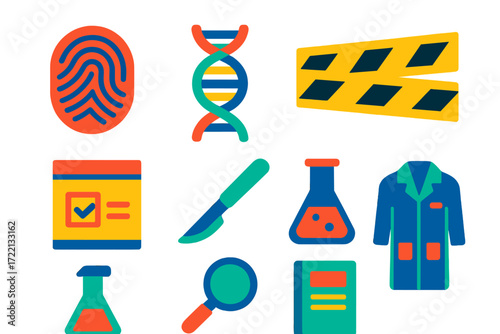 Forensic Research Icons. Flat vector icons of forensic research: fingerprint print, DNA analysis, crime scene tape, evidence bag,