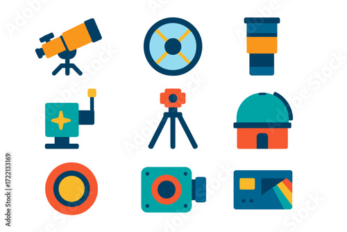Telescope Equipment Icons. Flat vector icons of telescope equipment: refractor telescope, reflector mirror, eyepiece, star tracker