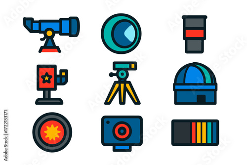 Telescope Equipment Icons. Flat vector icons of telescope equipment: refractor telescope, reflector mirror, eyepiece, star tracker