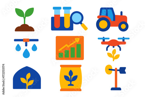 Agricultural Research Icons. Flat vector icons of agricultural research: plant sprout, soil test kit, tractor, water irrigation
