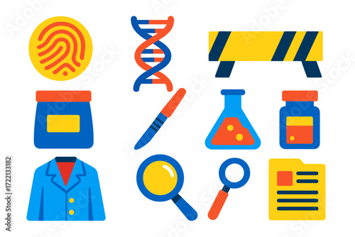 Forensic Research Icons. Flat vector icons of forensic research: fingerprint print, DNA analysis, crime scene tape, evidence bag,