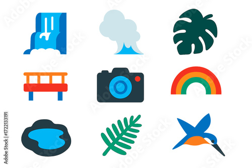 Waterfall Icon Set. Flat vector icons of waterfall scene: cascade tiers, mist plume, rainforest leaf, spotting platform, camera