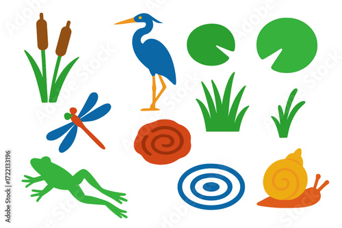Wetland Icons Set. Flat vector icons of wetland habitat: cattail stalks, heron silhouette, lily pad, dragonfly, mud ripple, reed
