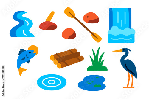River Journey Icons. Flat vector icons of river journey: river bend, canoe paddle, river rock, waterfall, fish leap, log raft,
