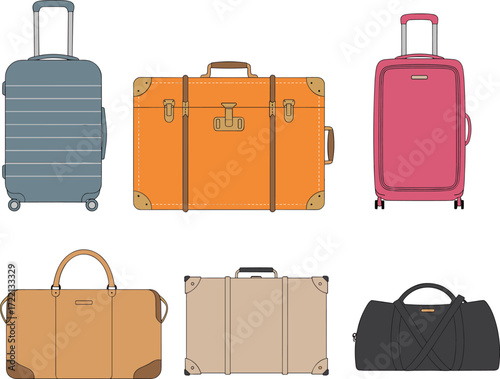 Travel luggage vector illustration with suitcases, duffel bags, vintage trunks, modern trolley bags, tourism and vacation design, journey and trip essentials