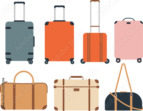 Travel luggage vector illustration with rolling suitcases, duffel bags, vintage trunks, modern trolley bags, vacation and tourism essentials, holiday trip design