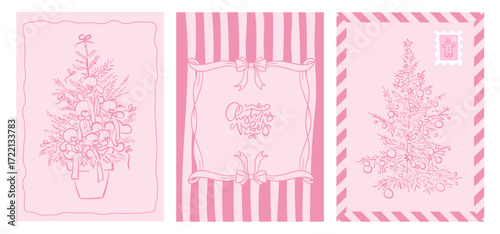 Set of vintage greeting cards with Christmas trees decorated with teddy bears and wavy bows. Vector illustration of ribbon frames on striped background. Vector clipart in retro coquette aesthetic