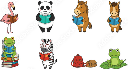 Cartoon animals reading books, frog on stack, panda, horse, zebra with glasses, flamingo, school theme, vector illustration, learning concept, kids design