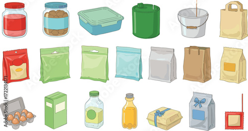 Food packaging set, cartoon containers, jars, pouches, bottles, snack bags, paper bags, egg carton, vector illustration, product design, consumer goods