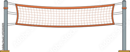 Cartoon volleyball net, sports equipment, orange grid mesh, reinforced edges, anchored poles, flat surface setup, vector illustration, training gear, outdoor activity